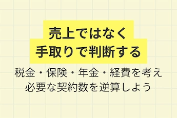 業務委託フリーランスとして生活を守るお金の基本「売上ではなく、手取りで判断する、税金・保険・年金・経費を引いて、必要な契約数を逆算しよう」を解説した図解