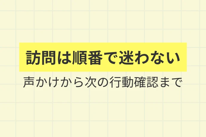 訪問から契約までの基本的な流れ「訪問は順番で迷わない、声かけから次の行動確認まで」を解説した図解